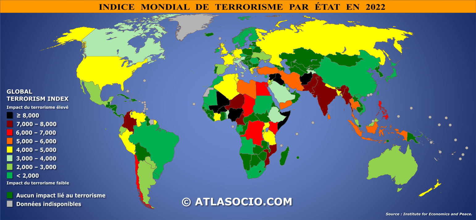 Les terroristes ont perdu la foi Carte du monde de l’indice du terrorisme en 2022 ©Atlasocio